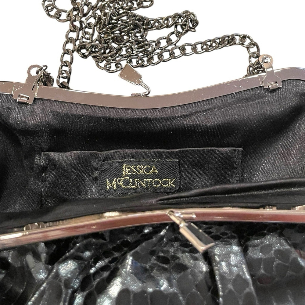 Jessica McClintock Faux Snakeskin Bag Kiss Clasp Gunmetal Chain Strap Black - Picture 10 of 13